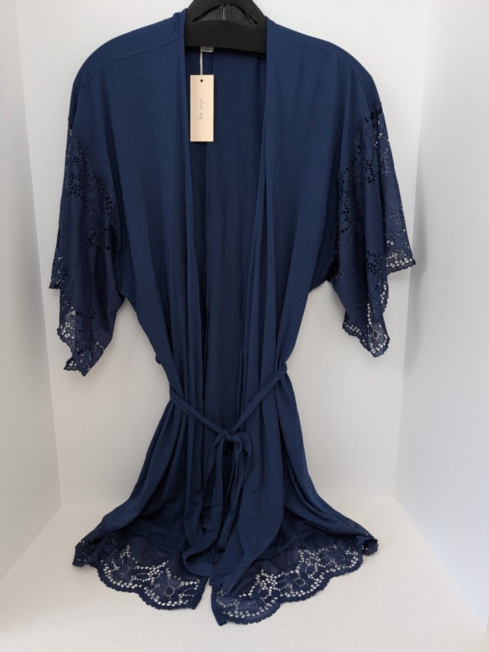 Eberjey Beatrix TENCEL Modal Lace Kimono Robe Navy M NWT